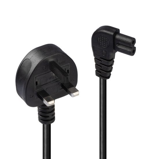 0.5m UK 3 Pin Plug to Right Angled IEC C7 mains power Cable, Black