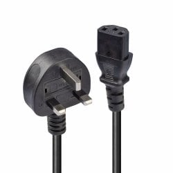 1m UK 3 Pin Plug to IEC C13 Mains Power Cable, Black