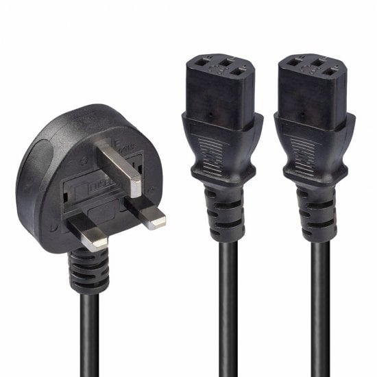 2.5m UK 3 Pin Plug to 2 x IEC C13 Splitter Extension Cable, Black