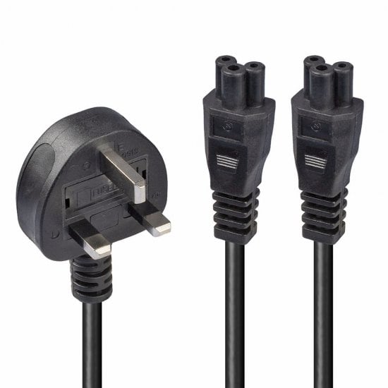 2.5m UK 3 Pin Plug To IEC 2 x C5 Splitter Extension Cable, Black