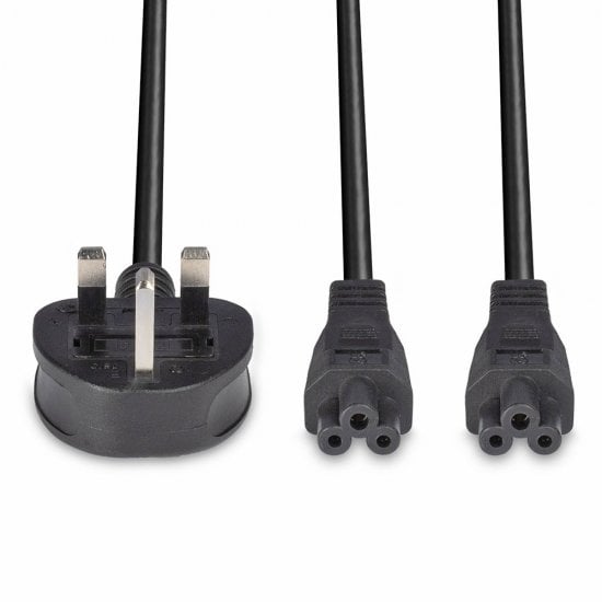 2.5m UK 3 Pin Plug To IEC 2 x C5 Splitter Extension Cable, Black