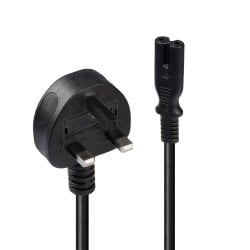 2m UK 3 Pin Plug To IEC C7 Mains Power Cable, Black